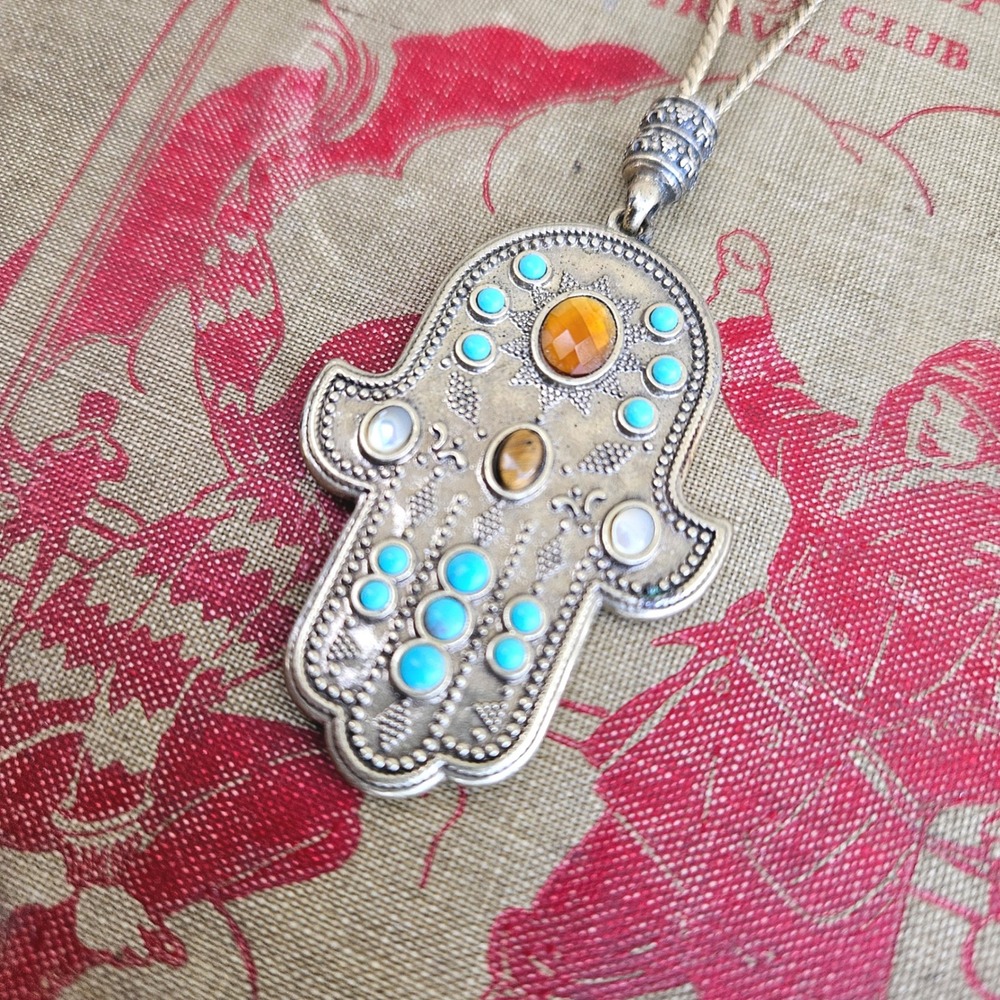 Lucky Brand Hamsa Hand Pendant Necklace Silver Tone Turquoise Tigers Eye Boho - Picture 2 of 6